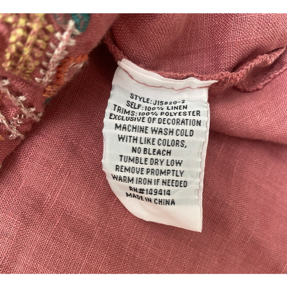 Johnny Was Chandra Pink Linen Peasant Top Blouse XS Embroidered Boho Cottage - Picture 11 of 13